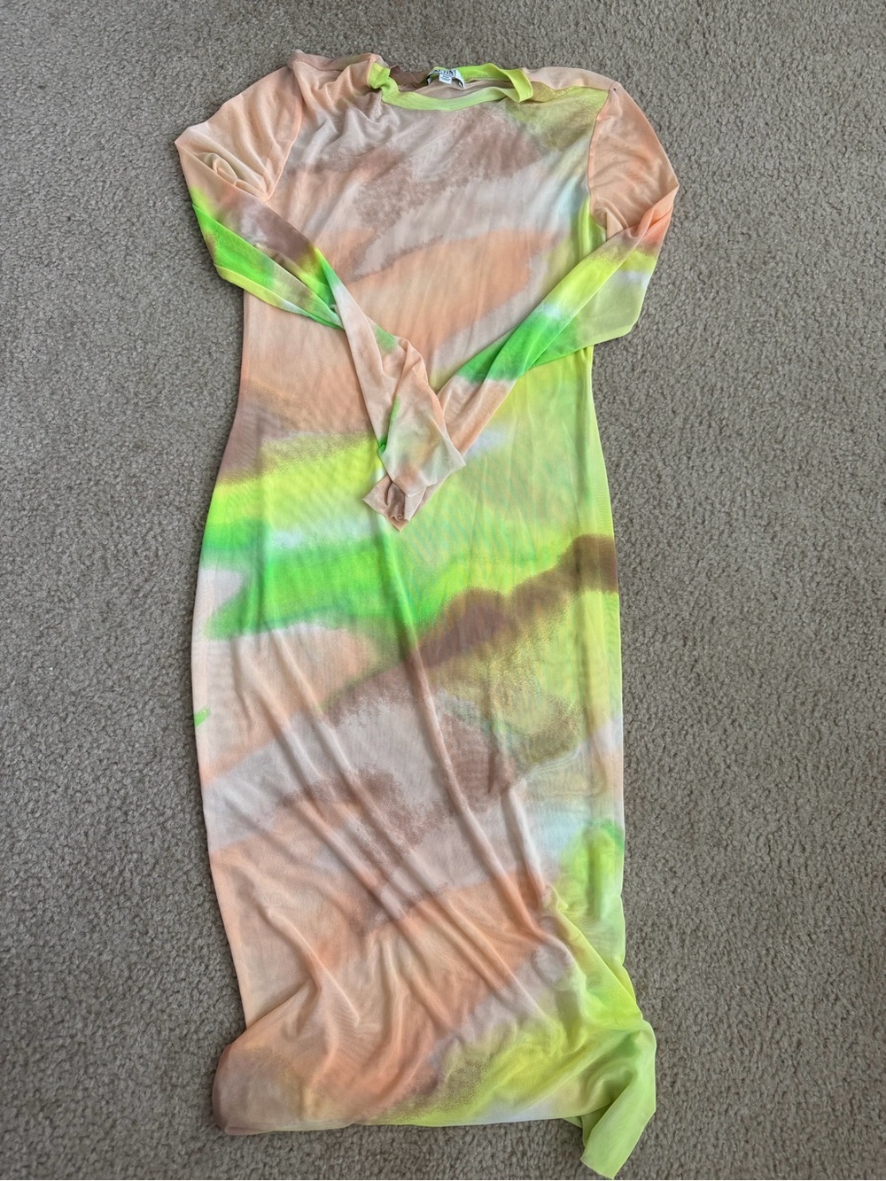 AFRM Peach & Neon Green Sheer Tie-Dye Midi Dress